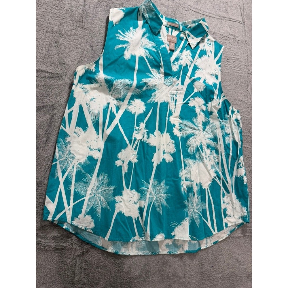 Chico's Sleeveless Blouse Womens Size 3 Teal Palm Print Tropical Resort - Picture 3 of 11